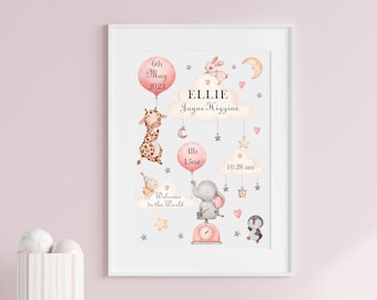 Personalised Cute Animals Baby Print, Nursery Poster, Birth and Weight Details, New Baby Gift, Birth Announcement, Baby Keepsake - UNFRAMED