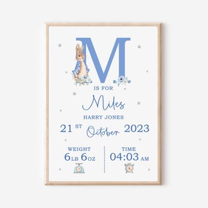 Impresión personalizada de bebé Peter Rabbit, póster de guardería, detalles de nacimiento y peso, nuevo regalo de bebé, anuncio de nacimiento, recuerdo del bebé - SIN MARCO