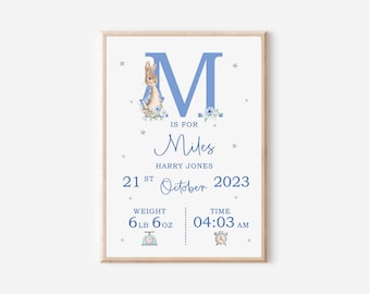 Personalised Peter Rabbit Baby Print, Nursery Poster, Birth and Weight Details, New Baby Gift, Birth Announcement, Baby Keepsake - UNFRAMED