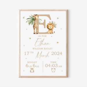 Impresión personalizada de animales de safari para bebés, póster de guardería, detalles de nacimiento y peso, regalo de nuevo bebé, anuncio de nacimiento, recuerdo del bebé