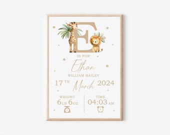 Personalised Safari Animals Baby Print, Nursery Poster, Birth and Weight Details, New Baby Gift, Birth Announcement, Baby Keepsake