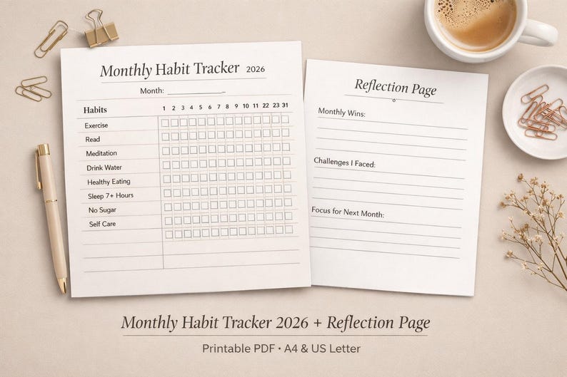 Monthly Habit Tracker 2026 Printable | Daily Self-care & Productivity ...