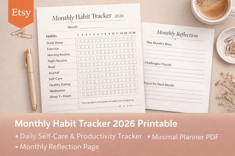 Monthly Habit Tracker 2026 Printable | Daily Self-care & Productivity ...