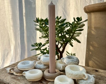 Imperfect candlestick holder in white and brown effect glaze
