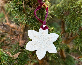 Handmade snowflake ornament, 2 glaze variations, 2 ribbon variations