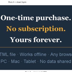 Peut inclure: Un graphique bleu foncé avec du texte blanc et doré indiquant : One-time purchase. No subscription. Yours forever. Sous une ligne horizontale, un texte plus petit liste : HTML file, Works offline, Any browser, PC, Mac, Tablet, No data shared.