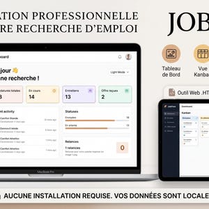 May include: A laptop and a tablet displaying the JobFlow job search dashboard interface. The screens show various metrics, including total applications, active interviews, and job offers. Text includes 'ORGANISATION PROFESSIONNELLE POUR VOTRE RECHERCHE D'EMPLOI' and 'AUCUNE INSTALLATION REQUISE. VOS DONNÉES SONT LOCALES.'
