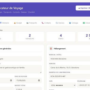 Peut inclure: Une interface de planificateur de voyage intitulée Planificateur de Voyage avec un en-tête violet, comprenant des sections pour l'itinéraire, le budget, les transports, les contacts, les devises et la liste de contrôle, affichant les détails du voyage.
