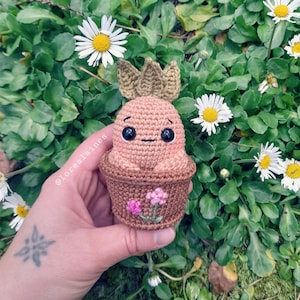 Peut inclure: Un cactus amigurumi crocheté dans un pot brun avec des fleurs roses. Le cactus a une couronne brune et un visage souriant avec des yeux noirs.