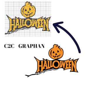 May include: A C2C graphan pattern for a Halloween design featuring the word "HALLOWEEN" in black with an orange pumpkin with a black face in the center.