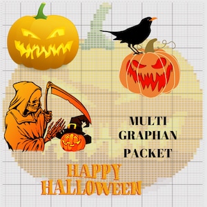 May include: A Halloween graphic with a carved pumpkin, a black bird on a pumpkin, a grim reaper, and a pumpkin in a witch's hat. Text includes "Happy Halloween" and "Multi Graphan Packet."