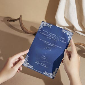 Elegant Navy Blue Fabric Texture Wedding Invitation Bundle -  Lace Corners & Minimalism Script - Digital Invite