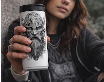 Viking Gift For Him Travel Mug Nordic Warrior Coffee Cup Norse Mythology Tumbler