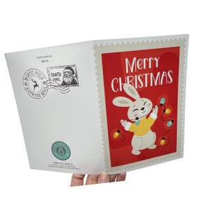 Rabbit Christmas Card, Cute Woodland Animal Holiday Greeting, Whimsical Winter Bunny Illustration, Festive 7x5 Card for Kids & Nature Lovers