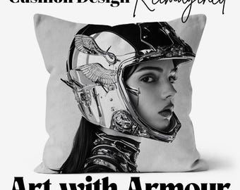 Retro Biker Chick Cushion: 70s Feminist Suede Pillow