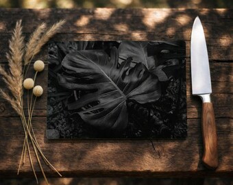 Black Jungle Leaf Glass Cutting Board – Textured Worktop Protector