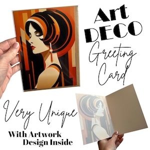 Carte de voeux orange art déco - carte de correspondance rétro vierge, illustration de femme de Style années 1920, anniversaire glamour vintage ou carte de remerciement