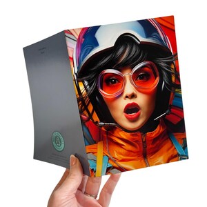 Cartes de voeux Flower Power motard poussin – jeu de cartes de correspondance vierges rétro, anniversaire féministe groovy ou cartes de remerciement, art audacieux pour elle