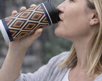 Retro Diamond Shaped - Navy Orange Small Thermos Flask 400ml