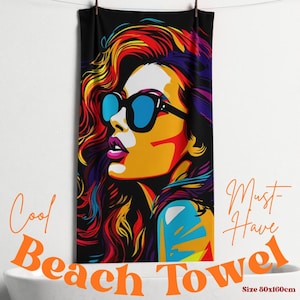 Pop Art Beach Towel with Retro Woman Design Vibrant Colourful Summer Towel Unique Gift Bold Graphic Art Towel for Pool or Travel