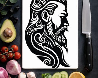 Tattoo Viking Glass Worktop Protector - Textured Chopping Cutting Board with Non-Slip Feet Black & White