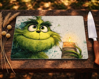 Grinch Glass Worktop Protector - Textured Chopping Cutting Board with Non-Slip Feet Black & White