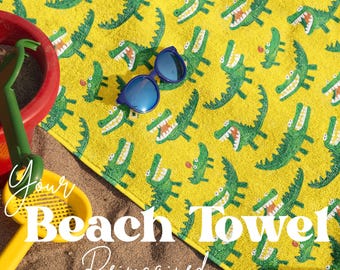 Cartoon Crocodile Beach Towel: Yellow Alligator Print, Soft Cotton Blend