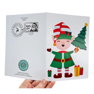 Arbre de Noël elfe carte de voeux Carte de Noël drôle pour les enfants voeux de vacances fantaisistes 7 x 5 pouces vierge à l'intérieur et plus de cartes de Noël cool