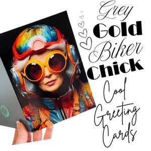 Tarjetas de felicitación de motociclista gris y dorado: juego de tarjetas en blanco con notas llamativas, tarjetas de cumpleaños o agradecimiento de estilo retro rebelde, arte vanguardista para ella.