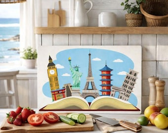 World Travel Glass Worktop Protector - Textured Chopping Cutting Board with Non-Slip Feet Black & White