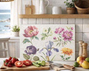 Vintage Botanical Floral Glass Cutting Board – Kitchen Worktop Protector