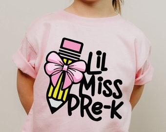 Lil Miss Pre K Shirt for Girls, Back To School Shirt, Toddlers with Pink Bow and Pencil, First Time To School Shirt, Pre K Shirt for Girls