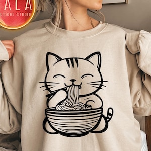 Noodle Cat Sweatshirt, Black Cat Ramen Hoodie, Ramen Cat Sweater, Cat Lover Gift, Kawaii Hoodie, Foodie Lover Hoodie, Black Cat Kids Hoodie