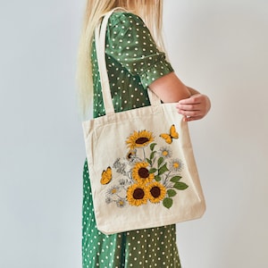 Sunflower with Butterflies Tote Bag, Aesthetic Tote Bag, Tote Gift For Her, Floral Tote, Cotton Canvas Tote Bag, Tote Bag Shopper Gift