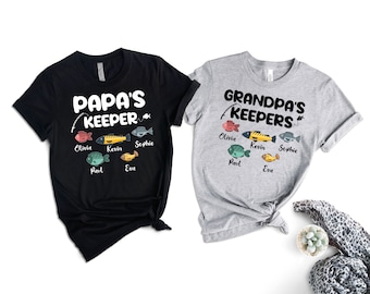 Custom Grandpa Shirt, Grandpa&#39;s Keepers Shirt, Grandpa Fishing Shirt, Custom Grandpa Shirt With Kids Names, Papa Fishing Gift From Grandkids