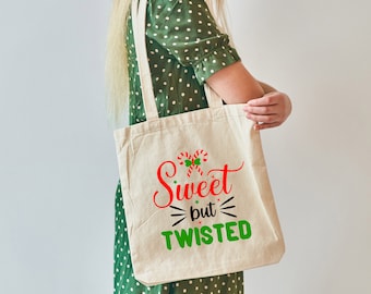 Sweet But Twisted Christmas Tote Bag, Personalized Christmas Tote Bag , Custom Cotton Canvas Santa Bag , Reusable Christmas Gift Bag