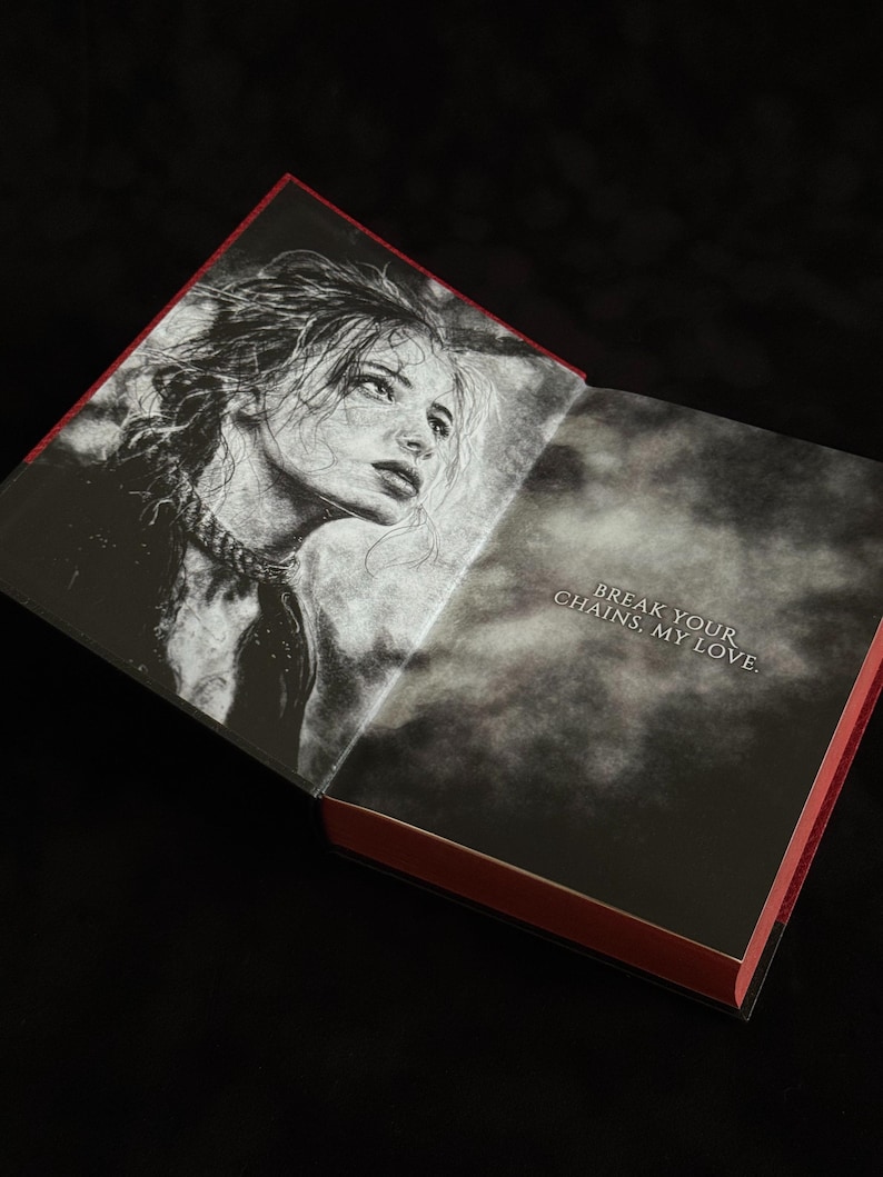May include: An open hardcover book with red edges. The left page features a black and white sketch of a person with messy hair and a choker. The right page is a dark, smoky background with the white text: BREAK YOUR CHAINS, MY LOVE.