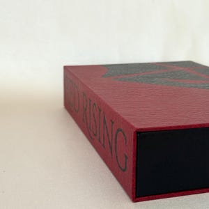 May include: A rectangular box with a textured dark red exterior featuring the black text RED RISING printed on the side. The top surface displays a black geometric pattern, and the box has a solid black interior section visible at the front edge.