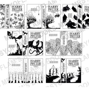 Peut inclure: Illustrations en noir et blanc des couvertures de la série de livres Harry Potter. Les couvertures présentent divers symboles et personnages emblématiques des livres, notamment une clé, une araignée, un dragon, un phénix, une baguette magique et un Mangemort.