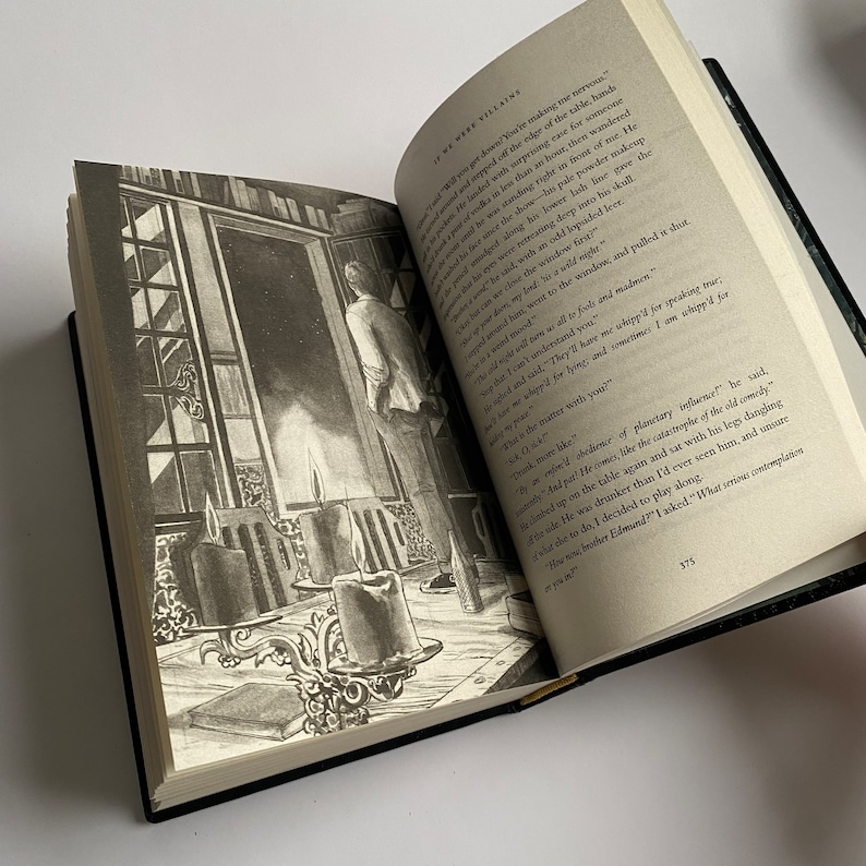 May include: A close-up of an open book with a black and white illustration of a man standing in a doorway. The man is wearing a suit and hat. The book is open to a page with text about a man who is "drunker than I'd ever seen him".