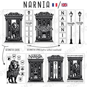 Puede incluir: Ilustraciones en blanco y negro con elementos de la serie Narnia. La imagen incluye representaciones de un armario, un león, una farola y el título "NARNIA". El texto incluye "C.S. Lewis", "ALTERNATIVE COVERS" y "ALTERNATIVE SPINES".