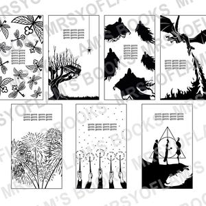 Peut inclure: Ensemble de six illustrations en noir et blanc représentant des scènes des livres Harry Potter. Les illustrations comprennent un dragon, un arbre, un groupe de personnes, une baguette magique et une clé.