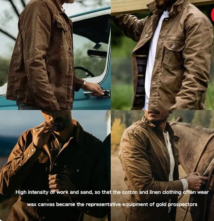 Fashion Men Long Leeve Retro Wax Canvas Slim Jacket Wear-Resistant Combat  Coat