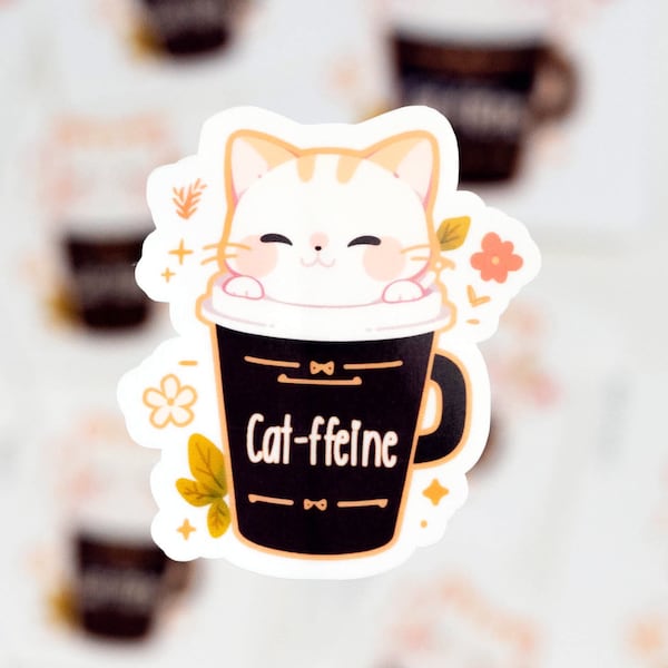 Cat Sticker | Coffee Sticker | Coffee Lover Cat Sticker | Cat-ffeine - Cute Cat with Coffee Cup | Cat Notebook