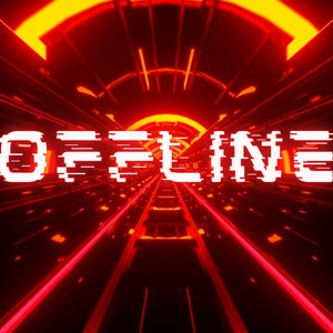 Peut inclure: Un tunnel numérique avec des néons rouges et le mot "OFFLINE" en texte pixelisé blanc.