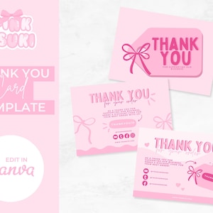 Cute Pink Coquette Thank You Card, Editable small business thank you card, Pink Kawaii themed Business Stationary, Editable Canva Template