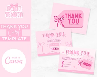May include: Pink thank you card template with a pink bow and the text "Thank You" in a pink bubble font. The template includes space for a business name, social media links, and a website address.