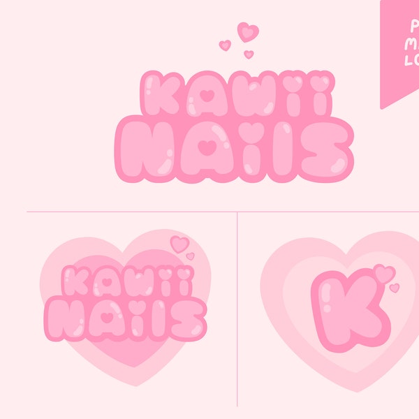 Pre-made Kawaii Logo | Cute Pink Heart Semi-custom Branding, Girly Gamer Y2K Style Bubble Logo & Brand Pattern