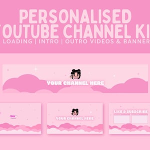Kit de canal de YouTube personalizado con tema kawaii: introducción, cierre, video de carga y banner; linda marca de YouTube personalizada con temática rosa (1920p x 1080p)