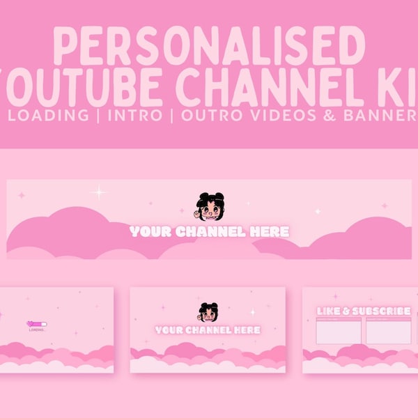 Personalized Kawaii YouTube Channel Kit | Intro / Outro / Loading Video & Banner | Cute Custom Pink Themed YouTube Branding (1920p x 1080p)